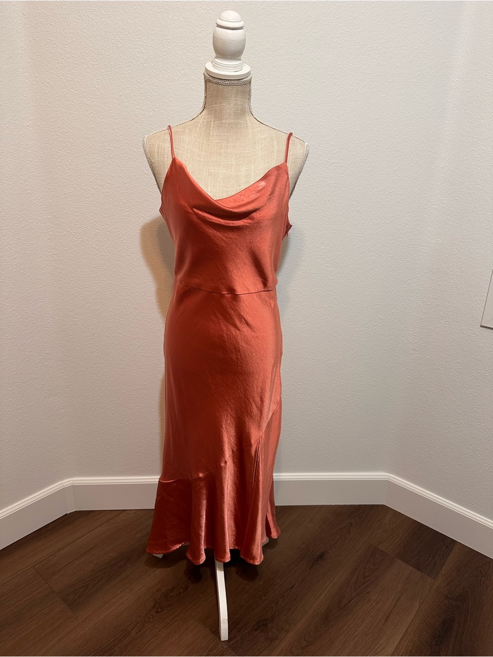 Skies Are Blue Satin Cowl Slip Midi Dress in Coral